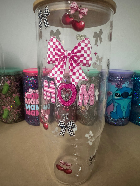 Checkered and Cherry Mom 40 Oz Glass Cup
